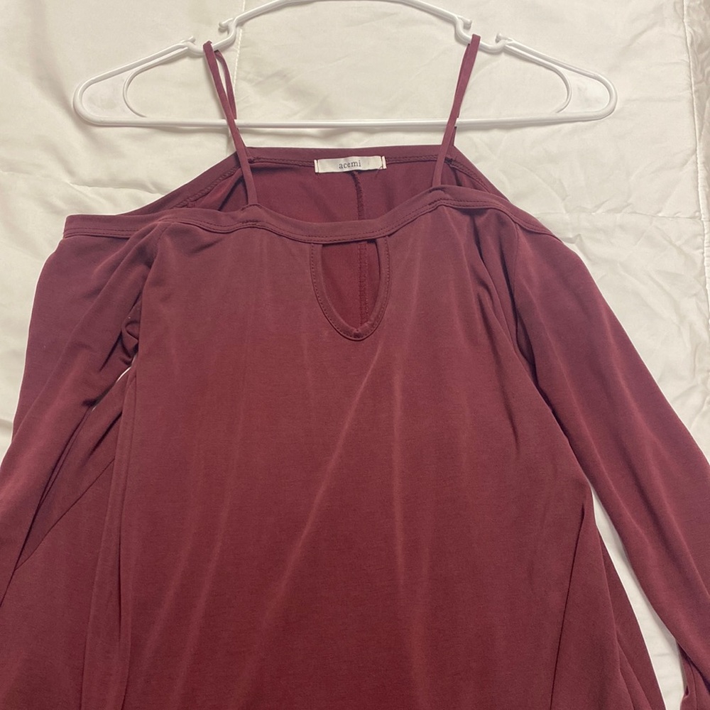 Off the shoulder red/purple shirt with cut out at the chest